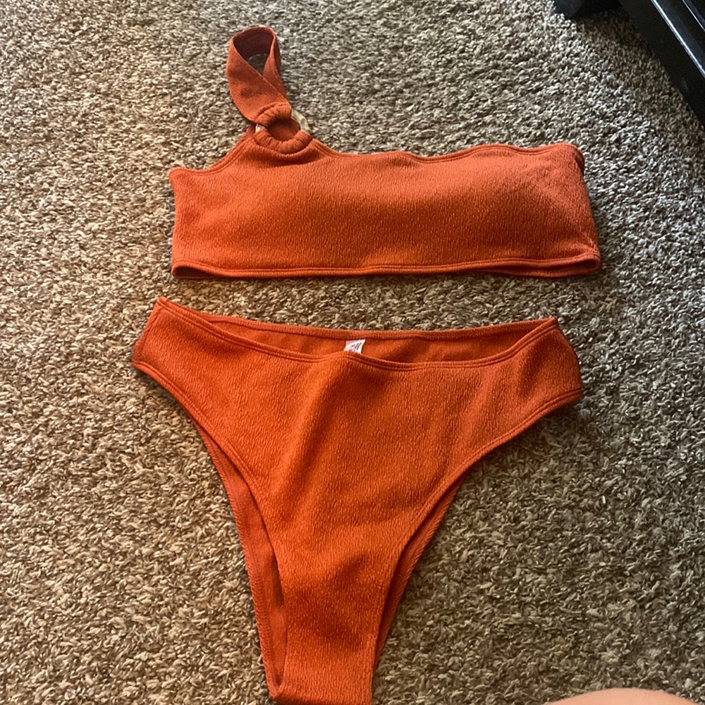 Burnt orange 2 piece high waisted bathing suit.